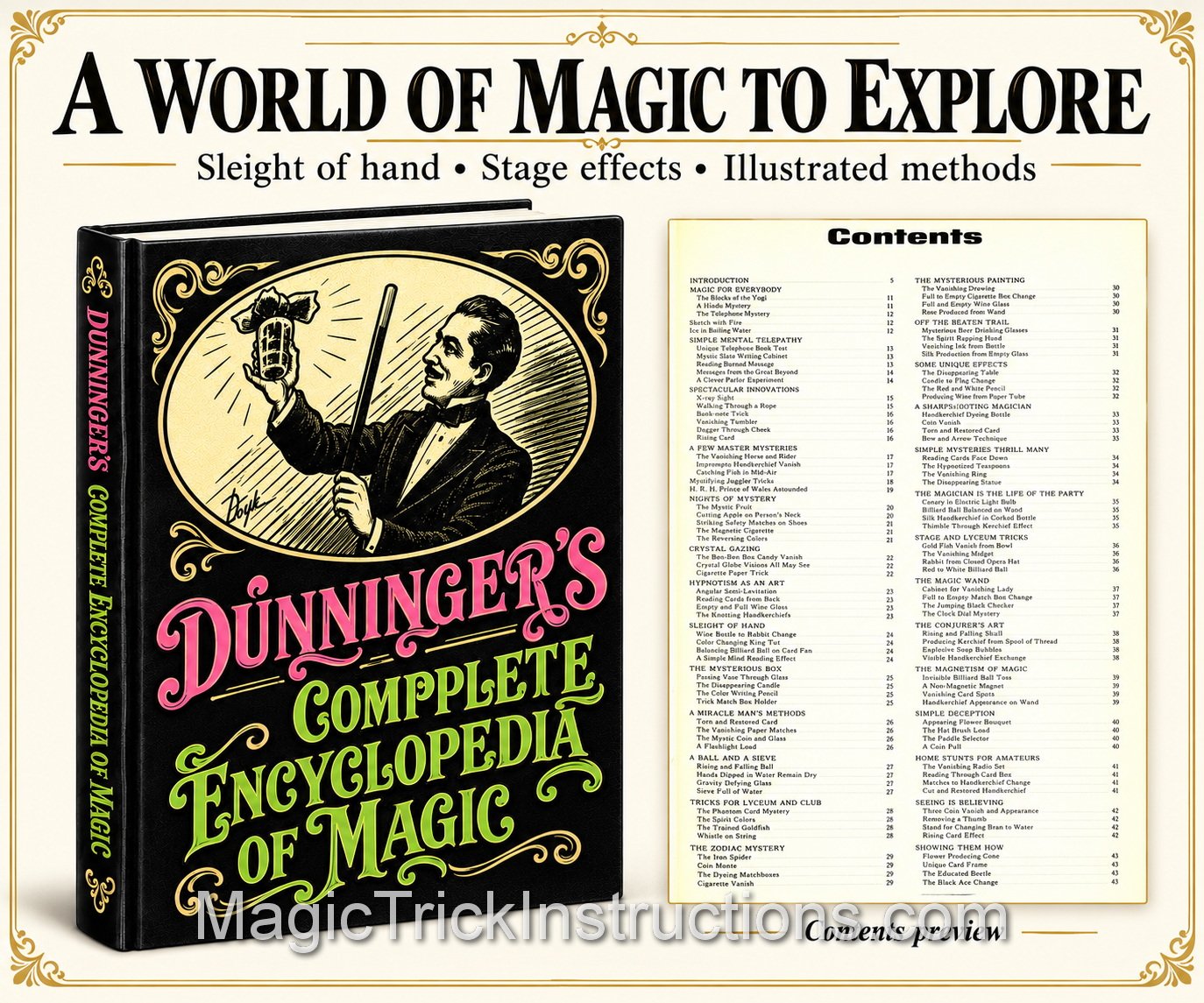 Dunningers Complete Encyclopedia of Magic is a collection of articles and tricks written by Joseph Dunninger over his career as a mentalist and stage magician.